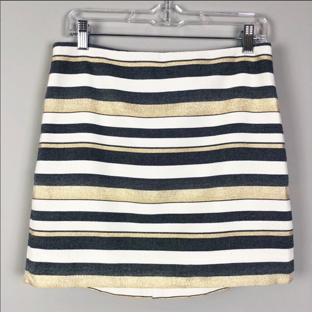 J. CREW | Bold Stripe Mini Skirt Metallic Gold, White, Denim Blue Women’s Size 6
